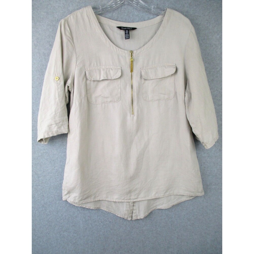 Ellen Tracy Womens Medium Linen Top Beige Tassel Zip Coastal Lagenlook Pockets